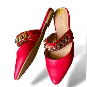 BCBGeneration Ester Mule Red, Size 8 Gold-Tone Chain Point Toe Low Heel 0.5”